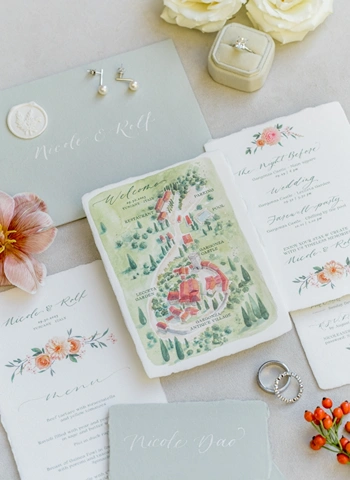 Personalized drawing of Castello di Gargonza on wedding stationery