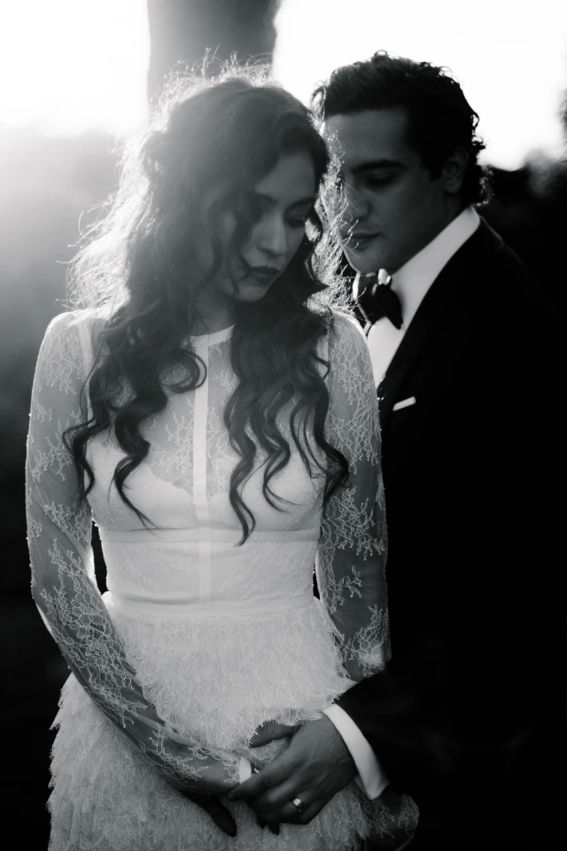 Romantic black and white photo of bride and groom at Villa Mangiacane, Florence