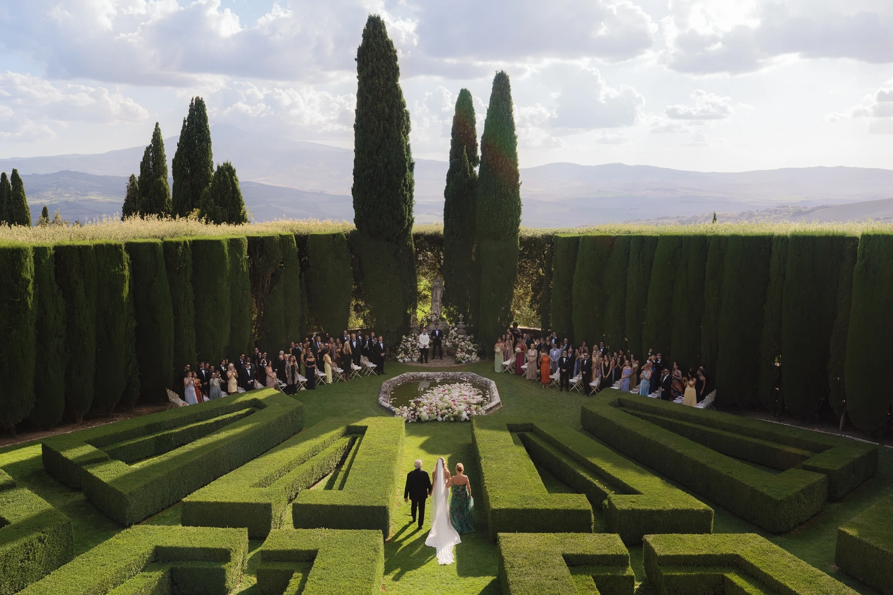 Iconic wedding ceremony setup at La Foce, Tuscany