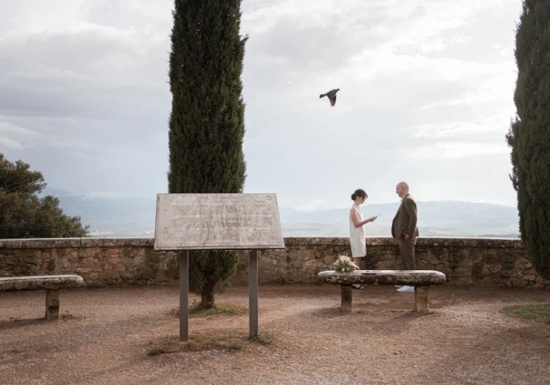 Couple of Australian citizens get legally married on a panoramic terrace in Pienza, Italy