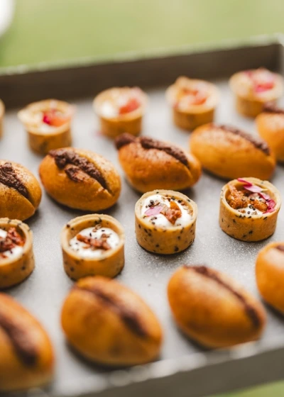 Close up of finger food served on tray during the aperitif of a wedding day