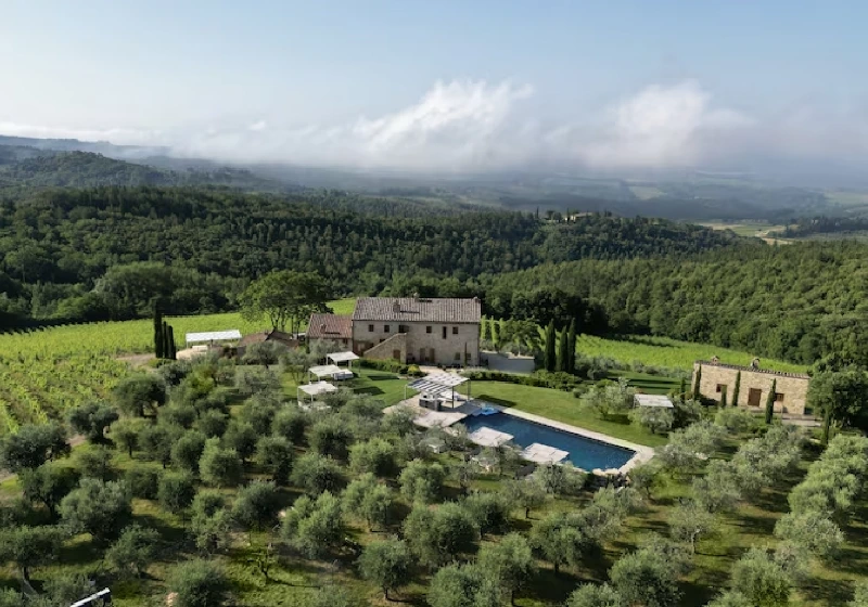 Panoramic overview of Il Cellese estate, hamlet in Tuscany 