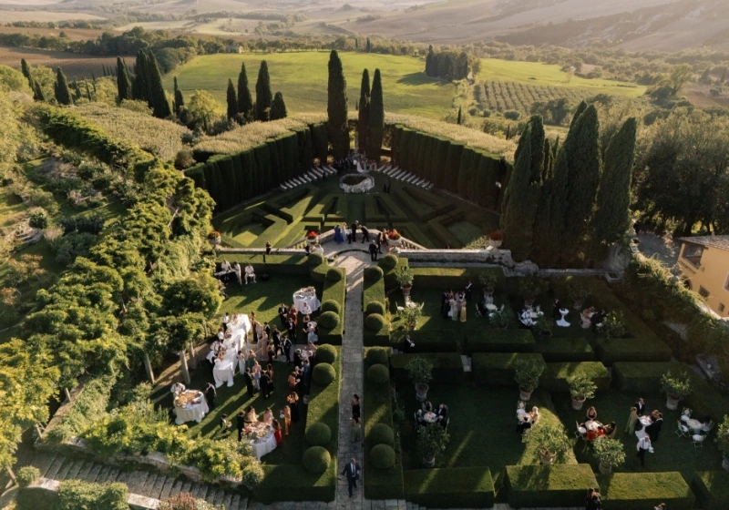 Overview of monumental garden and italian garden at La Foce during wedding aperitif 