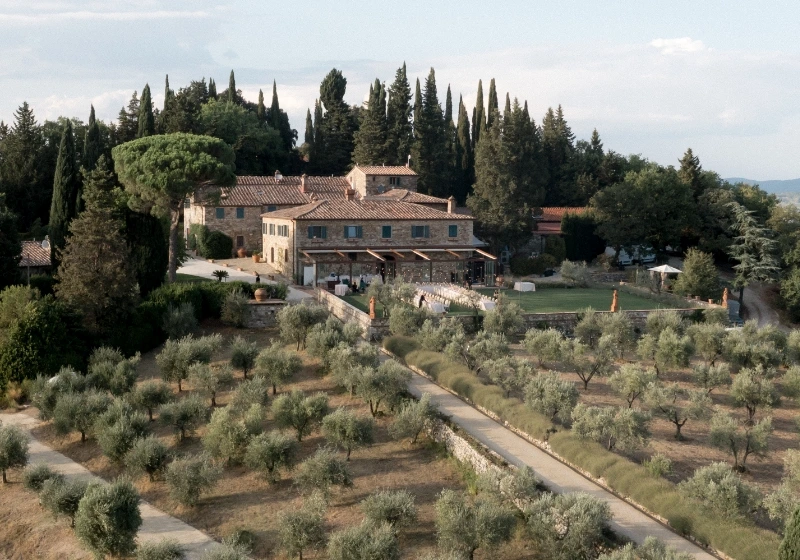 Overview of Le Filigare hamlet in Tuscany surrounded by olive trees