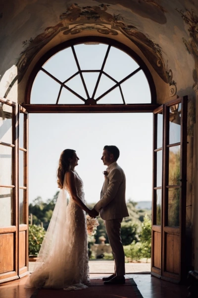 Newlyweds hold hands after getting married at Villa Medicea di Liliano, one of the best wedding villas in Tuscany