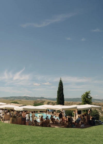 Overview of a relaxing pool party at Borgo di Castelvecchio following the wedding day