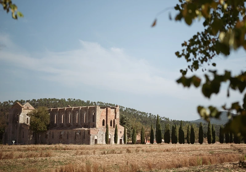 Overview of San Galgano roofless abbey in Tuscany
