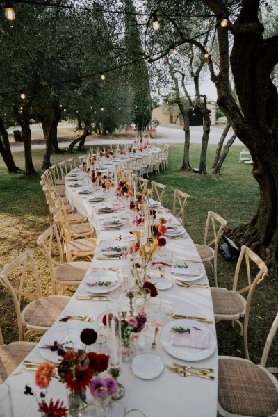 Iconic serpentine table set up among the olive grove of Terre di Nano for wedding reception