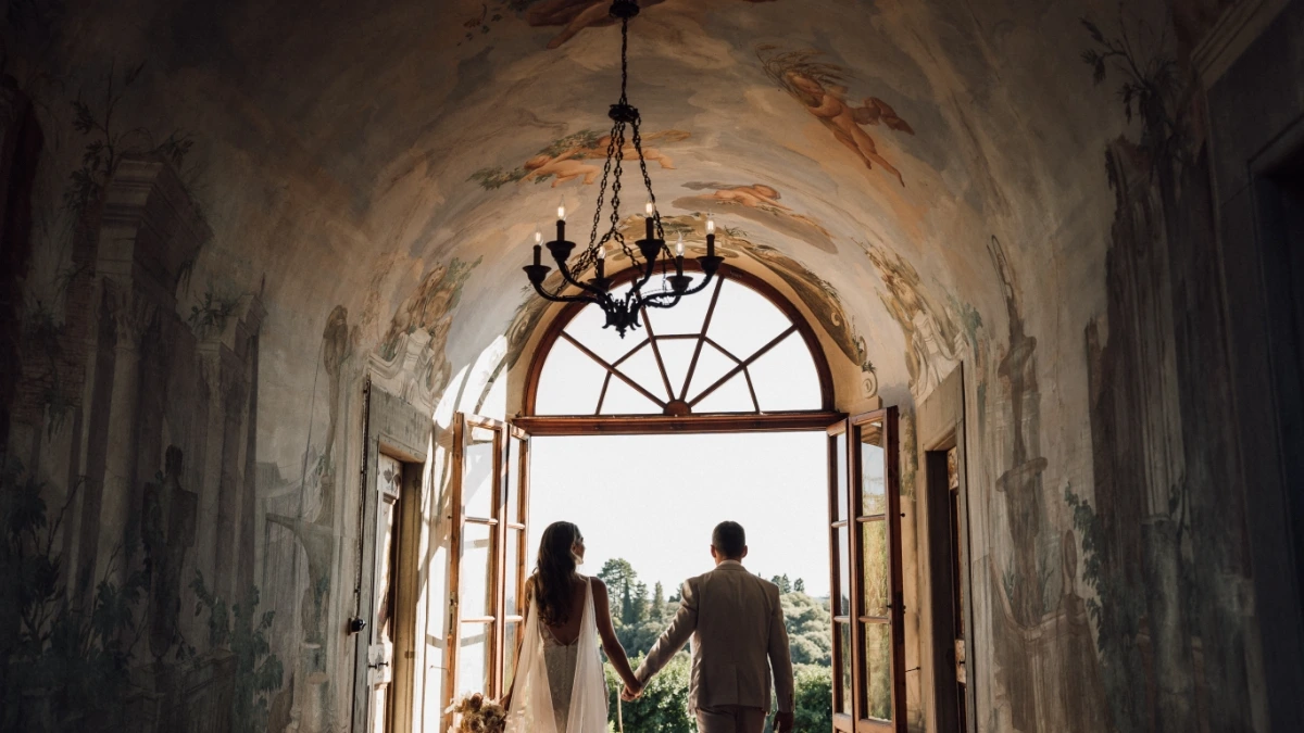 Bride and groom walk in frescoed gallery at Villa Medicea di Liliano, one of the best wedding villas in Tuscany
