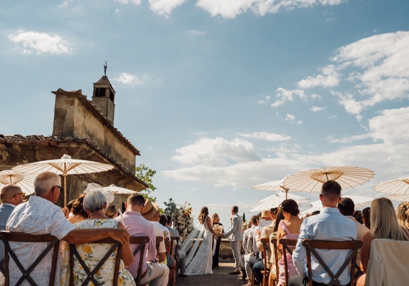 Outdoor wedding ceremony in summer in panoramic terrace of Villa Medicea di Liliano in Tuscany
