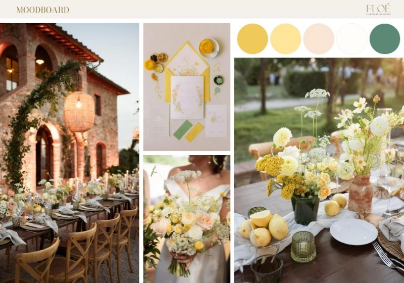 Example of moodboard with yellow, greea dn white color palatte, with a charming Tuscan vibe 
