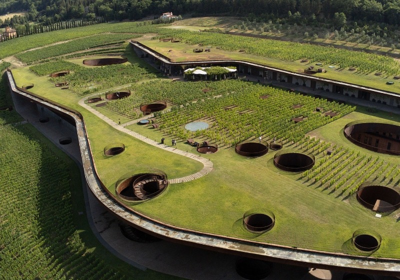 Overview of the Antinori modern winery in Tuscany 
