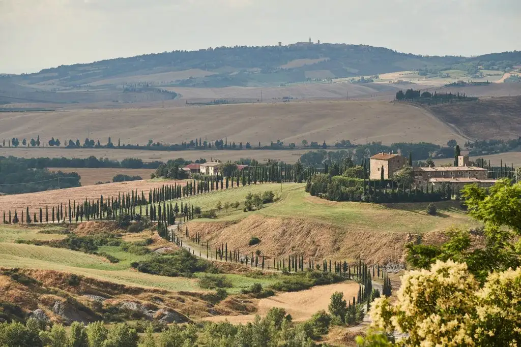 Aerial photo of Borgo di Castelvecchio in Tuscany, Val d'Orcia