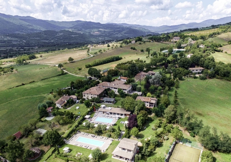 Aerial photo of Borgo Corsignano in Tuscany