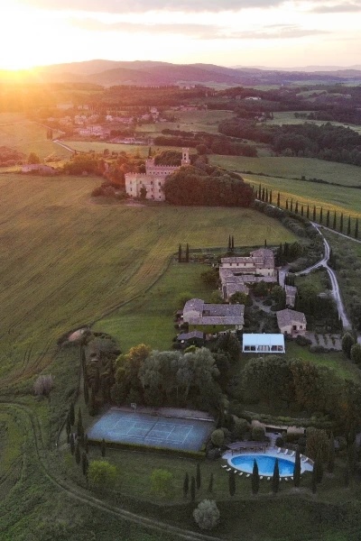 Aereal photo of Borgo Finocchieto and the tuscan landscape