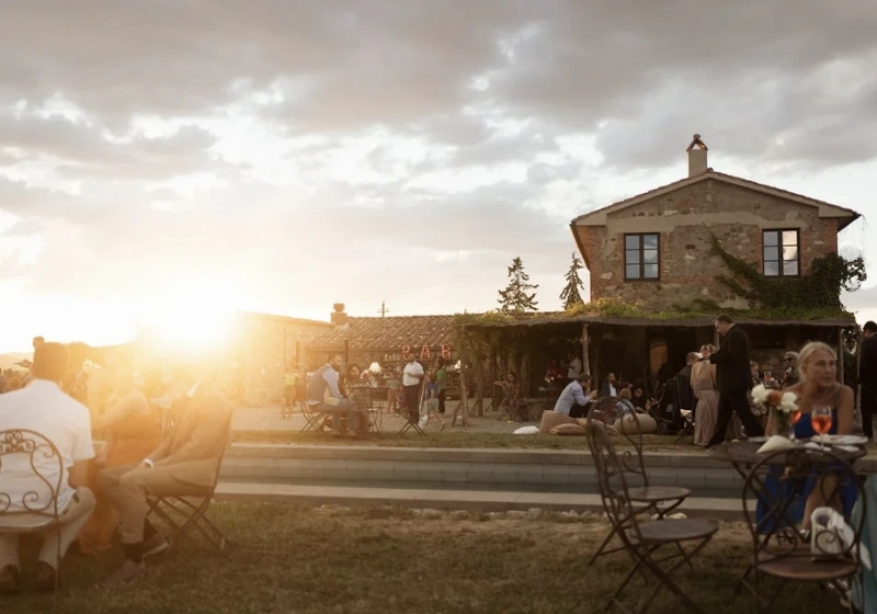 Aperitif with sunset in front of the locanda in tuscany 