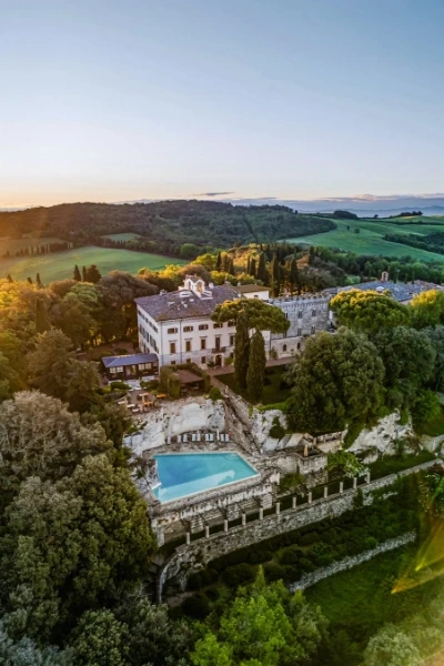 Aereal photo of Borgo Pignano, wedding venue in italy