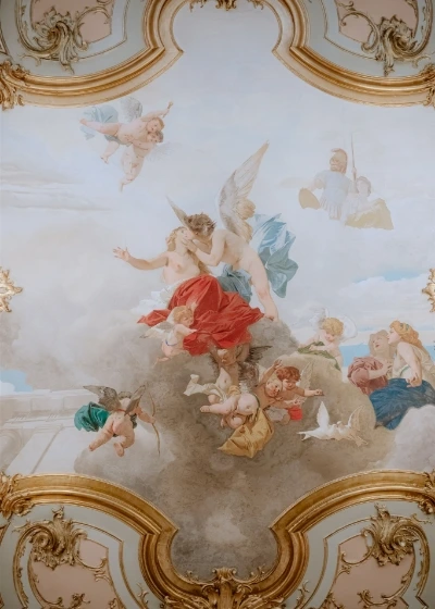 A beautiful frescoes on the ceiling of Villa Cora
