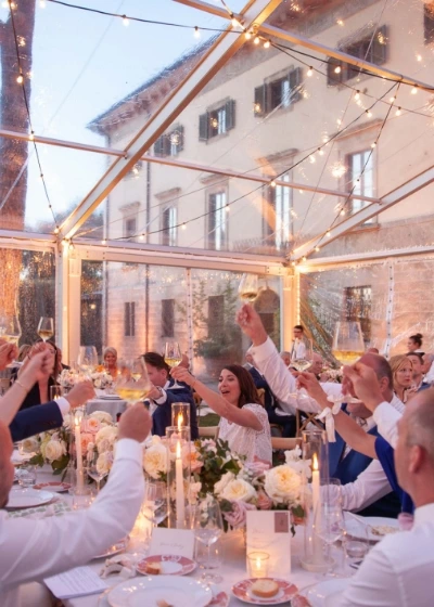 Photo of a large scale wedding dinner