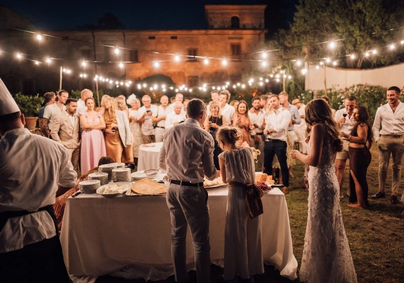 Photo of all the wedding guests looking the cake cutting