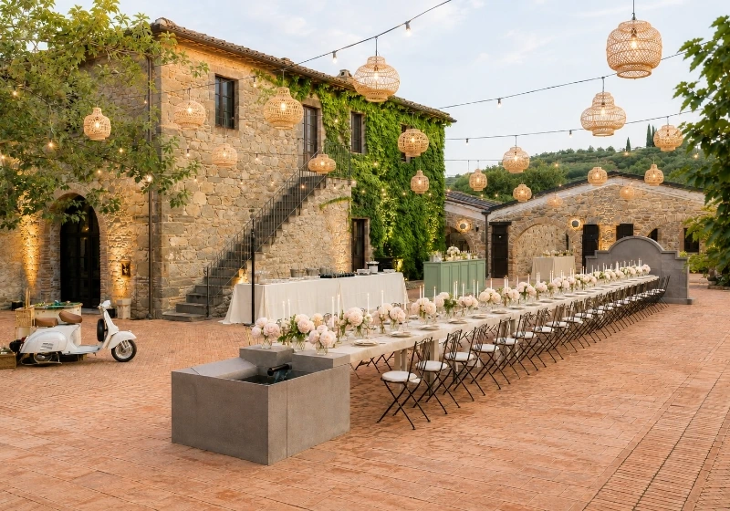 Photo of a wedding dinner in front of the facade od Borgo Vignamaggio