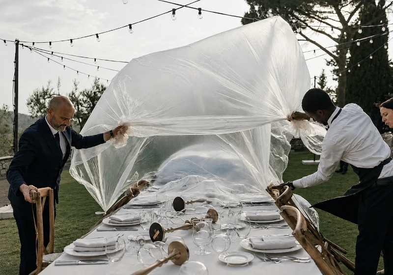 A Catering covering the wedding table 