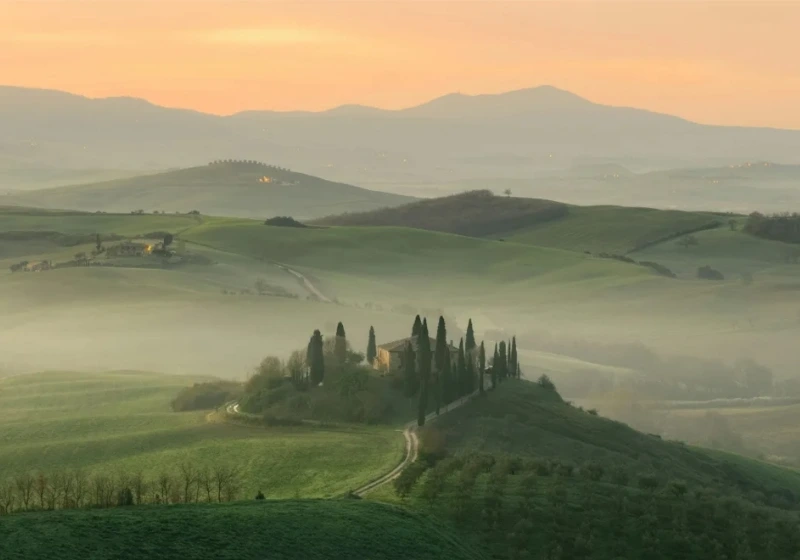 Panoramic photo of a view of a tuscan landcape on winter season 