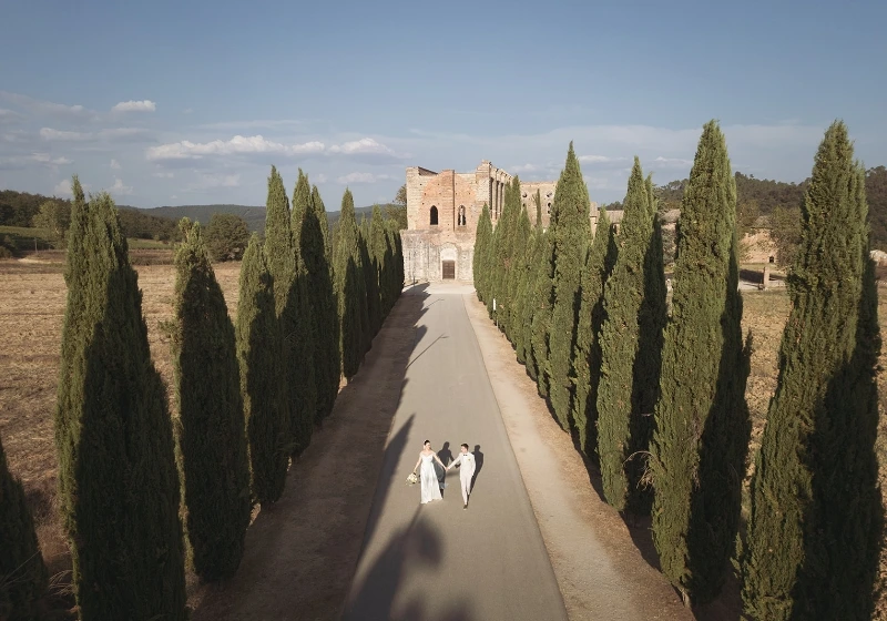 Newlyweds walking along the tree-lined avenue in front of San Galgano Abbey in Tuscany