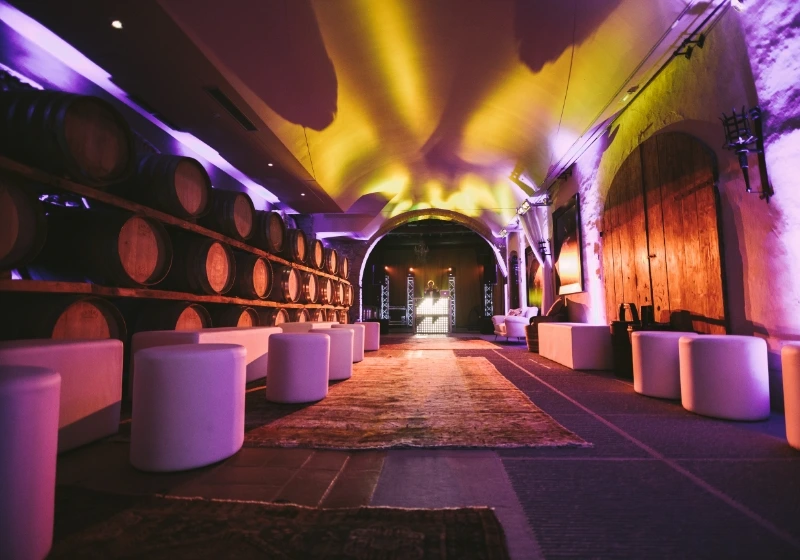 Historic cellar space at Villa Mangiacane in Tuscany, transformed into an elegant party space