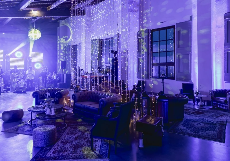 Elegant indoor ballroom prepared for a wedding party at Villa Medicea di Lilliano.