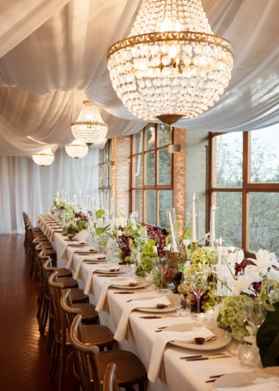 Table set up with linen flower and decorations
