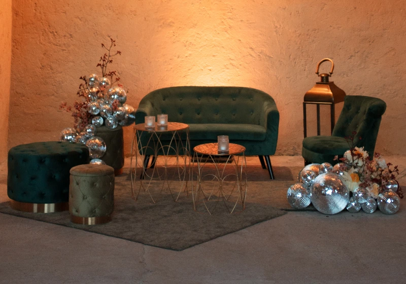 A party set up arranged by reusing ceremony flowers